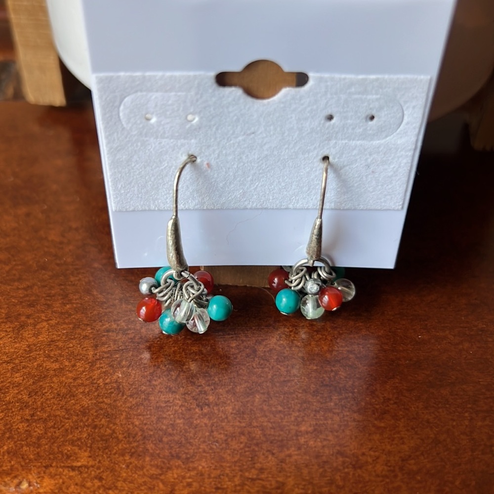 Multicolor turquoise red and silver beaded dangle earrings, 1.25”